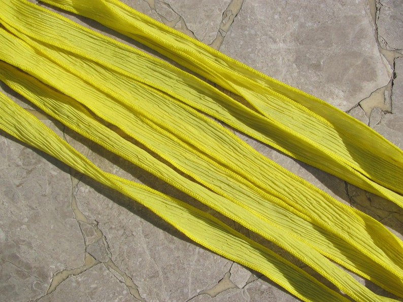 SUNSHINE YELLOW Silk Ribbons, Qty 5 Silk Strings Hand Dyed Handmade Crinkle Silk Ribbon Bright Sunny Lemon Yellow, Jewelry or Craft Ribbon image 3