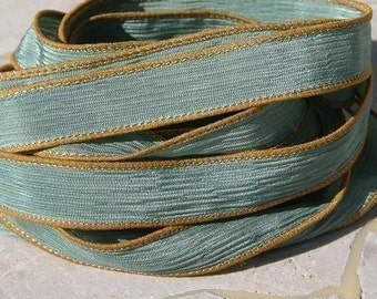 HUSHED TEAL Silk Ribbons, Strings, Hand Dyed and Sewn, Bulk Listing Qty 5 to 25 Ribbons, Blue Green, Stringing Supplies Jewelry or Crafts