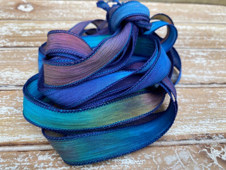 Stringing Supplies Navy Aqua Green Purple Blue Moon Silk Ribbons Hand Dyed Silk Strings Crinkle Silk Watercolor Ribbon