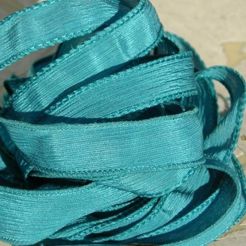 TEAL Dark, 5 Silk Ribbons Hand-Dyed and Sewn Jewelry Strings Green Blue, Gorgeous Sea Green image 1