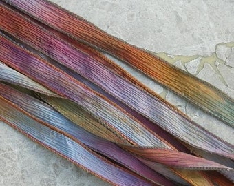 DESERT BLOOM Silk Ribbons, Hand Dyed Handmade Silk Ribbon Strings 5 Silk Watercolor Ribbons