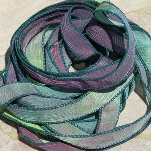MASQUERADE Silk Ribbons Hand Dyed 5 Strings Sewn Green Purple Aqua, Mardi Gras Colors, Great Silk Wraps or Necklace Ribbons image 2