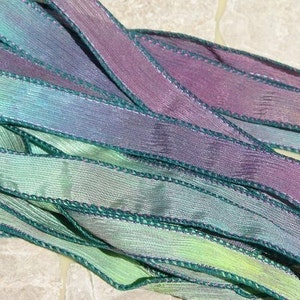 MASQUERADE Silk Ribbons Hand Dyed 5 Strings Sewn Green Purple Aqua, Mardi Gras Colors, Great Silk Wraps or Necklace Ribbons image 1