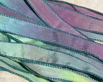 MASQUERADE Silk Ribbons Hand Dyed 5 Strings Sewn Green Purple Aqua, Mardi Gras Colors, Great Silk Wraps or Necklace Ribbons