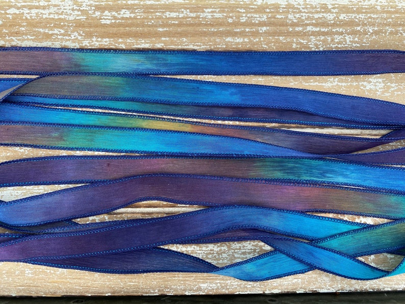 Stringing Supplies Navy Aqua Green Purple Blue Moon Silk Ribbons Hand Dyed Silk Strings Crinkle Silk Watercolor Ribbon