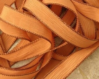 Terra Cotta Silk Ribbons, Hand Dyed, Silk Strings, Terracotta Brown Clay Pot, Hand Dyed and Sewn