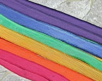 Rainbow Silk Ribbon Assortment, 6 Silk Hand Dyed Silk Wrap Bracelets, Handmade Crinkle Silk Strings in Red Orange Blue Green Purple Yellow