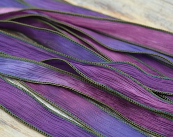 SUNSET BEACH Hand Dyed Silk Ribbons, Silk Strings, Handmade Crinkle Silk Ribbon, Qty 5 Purple Pink Blues Ties, Silk Wraps  for Jewelry