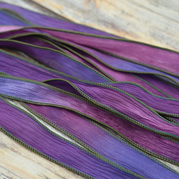 SUNSET BEACH Hand Dyed Silk Ribbons, Silk Strings, Handmade Crinkle Silk Ribbon, Qty 5 Purple Pink Blues Ties, Silk Wraps  for Jewelry