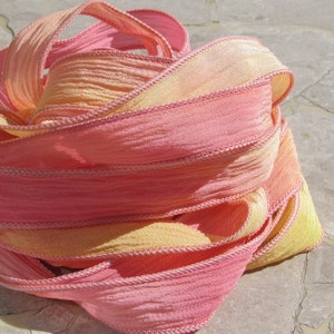 SUNRISE Silk Ribbons Qty 5 / Handfasting Ribbon / Hand Dyed Crinkle Silk / Pink Peach Yellow Craft Ribbon / Jewelry Stringing Supplies