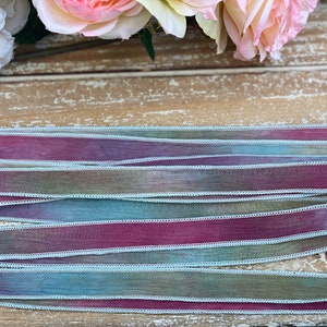 Sweet Briar 5 Silk Ribbons Hand Dyed Sewn Watercolor Ribbon Jamnglass Jewelry Bridal Flower Bouquet Embroidery Blue Green Pink