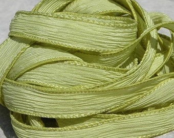 PEAR Silk Ribbons, Crinkle Silk Ribbons, Qty 5 Hand Dyed Handmade, Green Yellow, Jewelry Making Craft Ribbon, Stringing Supplies