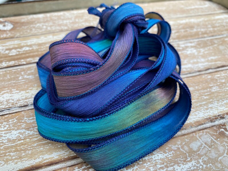 Stringing Supplies Navy Aqua Green Purple Blue Moon Silk Ribbons Hand Dyed Silk Strings Crinkle Silk Watercolor Ribbon