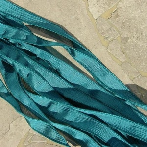 TEAL Dark, 5 Silk Ribbons Hand-Dyed and Sewn Jewelry Strings Green Blue, Gorgeous Sea Green image 2