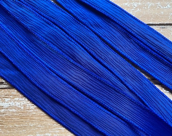 SAPPHIRE BLUE Silk Ribbons, Qty 5 to 50 Bulk Silk Strings, Hand Dyed, Jewelry or Craft Ribbon, Royal Blue, Wholesale JamnGlass Ribbon