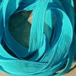 TURQUOISE BLUE Silk Ribbons, Crinkle Silk Ribbons, Bulk 5 to 25 Ribbons, Hand Dyed Sewn String, Blue Silk Ribbon, Handmade Ribbon, Aqua Blue