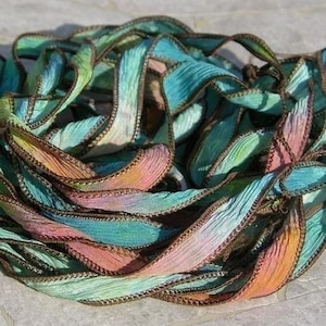 Hand Dyed Silk Ribbon Qty 5 Bracelet Wraps, SUMMER SIZZLE Watercolor Strings Crinkle Silk Ribbons Handmade Ribbons for Jewelry and Crafts