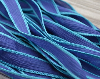 INDIGO WAVES Silk Ribbons, Qty 5, Crinkle Silk Ribbon, Hand Dyed Silk Wraps, Blue Ribbons, Great for Jewelry Making and Crafts