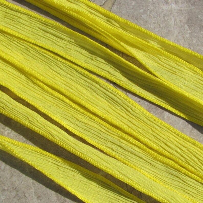 SUNSHINE YELLOW Silk Ribbons, Qty 5 Silk Strings Hand Dyed Handmade Crinkle Silk Ribbon Bright Sunny Lemon Yellow, Jewelry or Craft Ribbon image 2