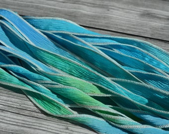 SPLASH Hand Dyed Silk Ribbons, Silk Strings, Watercolor Blues Green Yellows, Jewelry or Craft Ribbon, Stringing Supplies