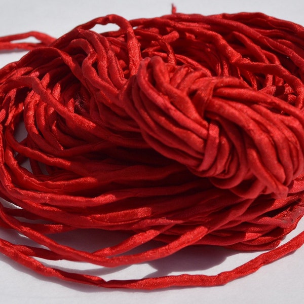 RED Silk Cords / Hand Dyed Hand Sewn Bright Cherry Red Silk Cording Strings / Select Quantity 1 to 25 Cords 2-3mm Craft Stringing Supplies