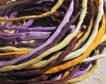 Rum Raisin Silk Cords, Hand Dyed Hand Sewn Silk Strings Qty 10 to 100 Bulk Wholesale, Purple Gold Tan Brown Silk Cords