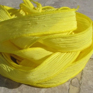 SUNSHINE YELLOW Silk Ribbons, Qty 5 Silk Strings Hand Dyed Handmade Crinkle Silk Ribbon Bright Sunny Lemon Yellow, Jewelry or Craft Ribbon image 1