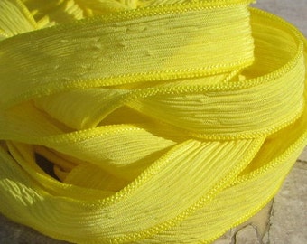 SUNSHINE YELLOW Silk Ribbons, Qty 5 Silk Strings Hand Dyed Handmade Crinkle Silk Ribbon Bright Sunny Lemon Yellow, Jewelry or Craft Ribbon