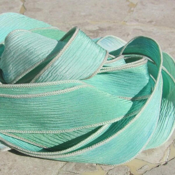 SEAGLASS Hand Dyed Silk Ribbons Qty 5 to 40 Bulk Wholesale Listing,  Silk Straings, Sea Glass Color in Soft Delicate Blues Greens Aqua