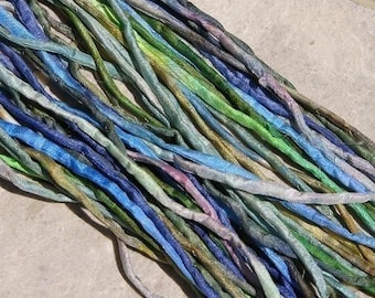 BLUES GREENS WATERCOLORS Silk Cords Qty 1 to 25 Bulk Wholesale Hand Dyed Hand Sewn Assortment Kumihimo Cords, Necklace or Bracelet Wraps