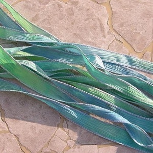 SPLASH Hand Dyed Silk Ribbons, Silk Strings, Watercolor Blues Green Yellows, Jewelry or Craft Ribbon, Stringing Supplies image 3