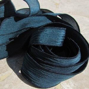 Midnight Blue Hand Dyed Silk Ribbon Crinkle Silk, Bulk Qty 5 to 25 Strings Dark Aqua Blue Green, Craft Jewelry Making Strining Supplies