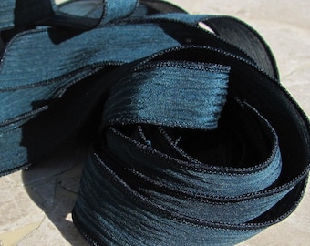 Midnight Blue Hand Dyed Silk Ribbon Crinkle Silk, Bulk Qty 5 to 25 Strings Dark Aqua Blue Green, Craft Jewelry Making Strining Supplies