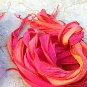 Hot Lava Silk Ribbons, Crinkle Silk Ribbons, Hand Dyed Sewn Qty 5 Strings in Pink Orange Gold and Red, Stringing Supplies, Jewelry Ribbon