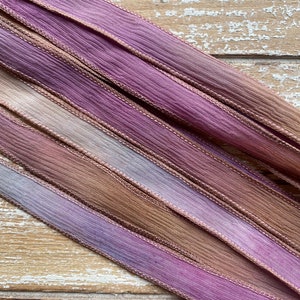 DESERT ROSE Silk Ribbons, Hand Dyed Handmade Silk Ribbon Strings 5 Silk Watercolor Ribbons Brown Pink Lilac