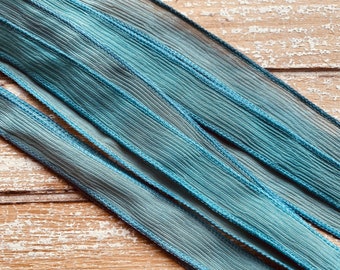 Sea Green Hand Dyed Silk Ribbons, Qty 5 Strings Soft Blue Green, Silk Wrap Bracelets, Jewelry Ribbon, Gray Green Blue