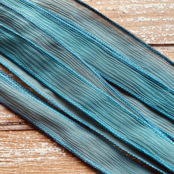 Sea Green Hand Dyed Silk Ribbons, Qty 5 Strings Soft Blue Green, Silk Wrap Bracelets, Jewelry Ribbon, Gray Green Blue