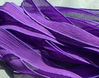 DARK Grape crinkle silk ribbons /hand dyed silk ribbons Qty 5 /silk strings lilac purple /create DIY wrap bracelets /bridal flower trim