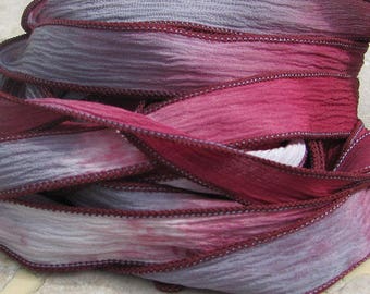 RASPBERRY JAM Silk Ribbons, Hand Dyed Silk Strings 5 Burgundy Pink Gray Strings, Stringing Supplies, Silk Wraps for Jewelry