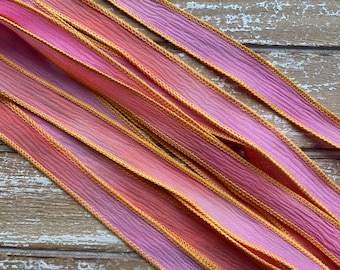 WOW Silk Ribbons Hand Dyed Sewn Crinkle Silk Strings, Qty 5 Pink Orange Coral Handmade for Bracelet Wraps or Necklaces