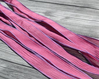 STRAWBERRY SUNDAE Silk Ribbons, Crinkle Ribbons, Qty 5 Craft Ribbons, Hand Dyed Pink Strings, Handmade Jewelry Ribbon, Great for Silk Wraps