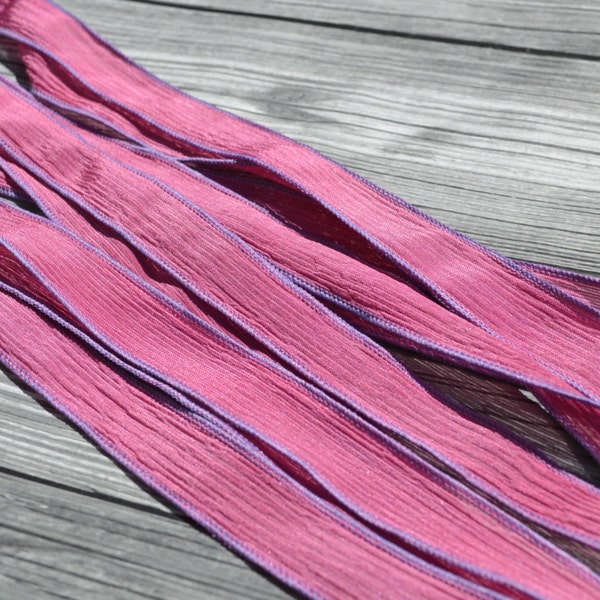 STRAWBERRY SUNDAE Silk Ribbons, Crinkle Ribbons, Qty 5 Craft Ribbons, Hand Dyed Pink Strings, Handmade Jewelry Ribbon, Great for Silk Wraps