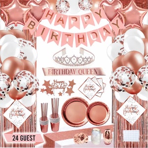 Rose Gold Geburtstag Party Dekorationen Kit - Happy Birthday Banner, Vorhänge Tischläufer Luftballons, Teller Tassen Servietten Strohhalme