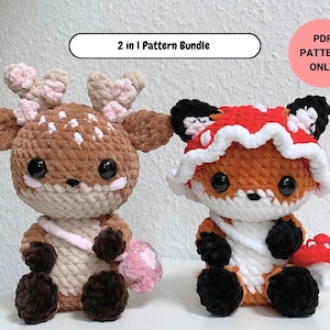 Lot 2 en 1 | Modèle au crochet pour bébé renard et cerf | animaux avec accessoires | chapeau champignon et sac, sac fleurs de cerisier | Peluches didactiques