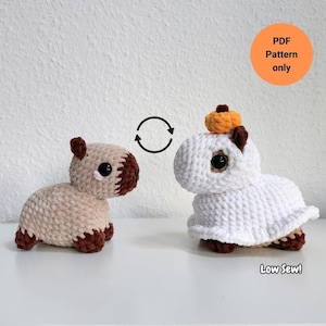 May include: Two crocheted amigurumi toys, one a brown and tan capybara and the other a white ghost with an orange pumpkin on its head. The caption reads "Low Sew!" and "PDF Pattern only".