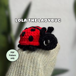 Könnte beinhalten: Ein gehäkeltes Amigurumi-Spielzeug in Form eines Marienkäfers mit schwarzen Beinen und Antennen, rotem Körper mit schwarzen Punkten und großen schwarzen Augen. Das Spielzeug sitzt auf einer grauen gestrickten Oberfläche. Der Text "LOLA THE LADYBUG" befindet sich über dem Spielzeug. Der Text "PDF Pattern only" befindet sich in einem grünen Kreis unter dem Spielzeug.