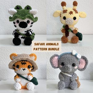 サファリ動物のかぎ針編みパターンバンドル | 4 in 1 | ベビーキリン、シマウマ、トラ、ゾウのパターンとアクセサリー | Didisplushies