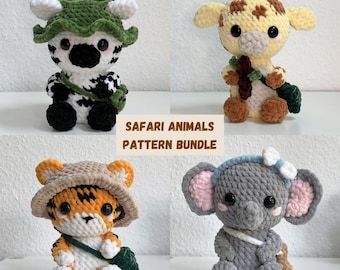 Safari Animals Crochet Pattern Bundle | Amigurumi Zebra, Elephant, Giraffe, Tiger (PDF Pattern)