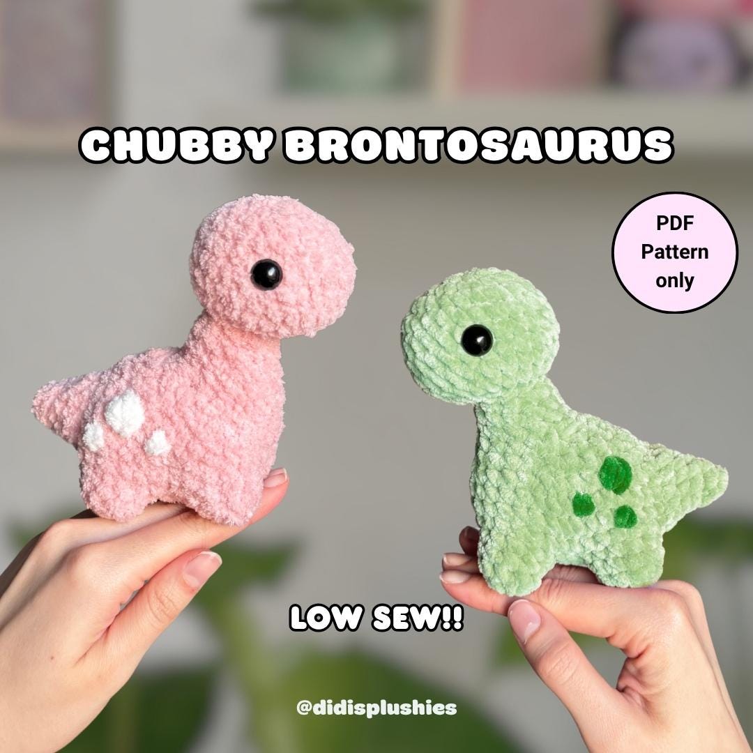 30 Brontosaurus Crochet Patterns for Cute Dino Gifts, Nursery Decor, and Plushies 13 Low Sew Brontosaurus Crochet Pattern | small chubby dino amigurumi