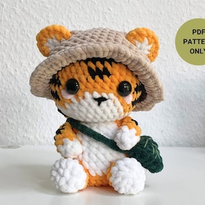 Baby Tiger Häkelanleitung | Safari Tiger | süßer Tiger mit Safarihut und Blättertasche | fortgeschrittene Häkelanleitung | DidisPlüschtiere